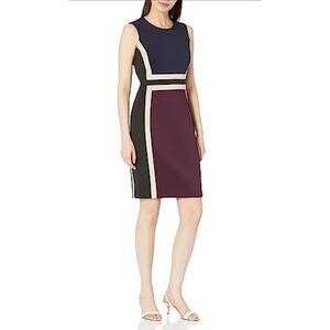 CALVIN KLEIN Women's Stretch Ponte Colorblock Sheath Dress Blue Burgundy Size 6